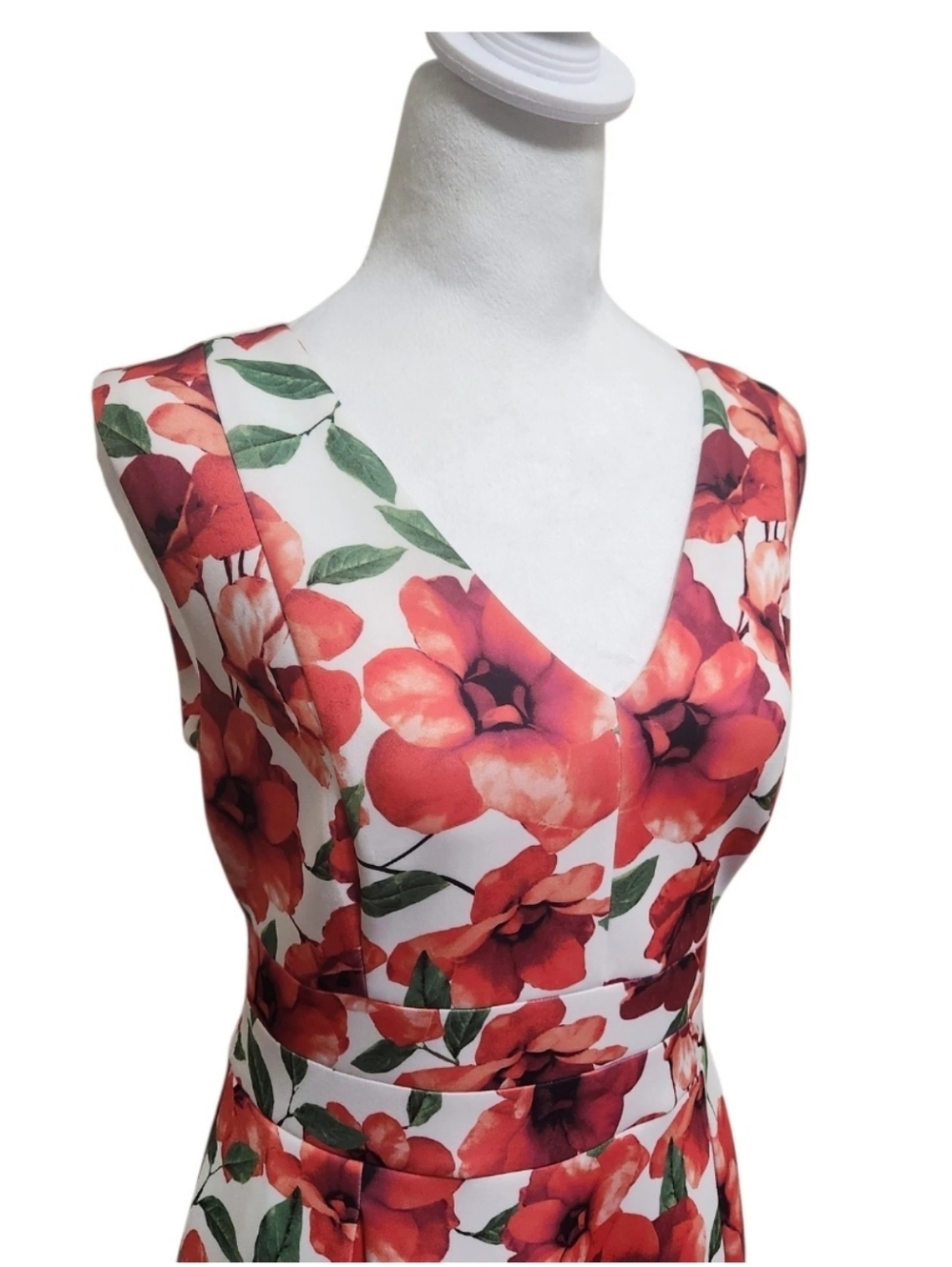 Calvin Klein Floral Fit Flare Dress Womens 10 Red White Pleated Stretch Midi - Picture 7 of 16